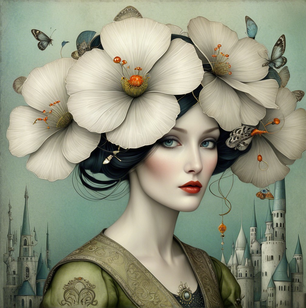 Ethereal Woman with Flowers and Dreamlike Background
