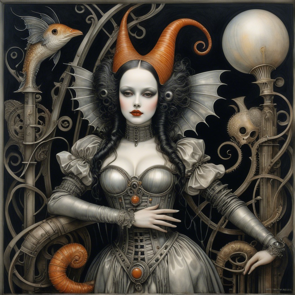 Surreal Figure in Metallic Gown with Marine Motifs