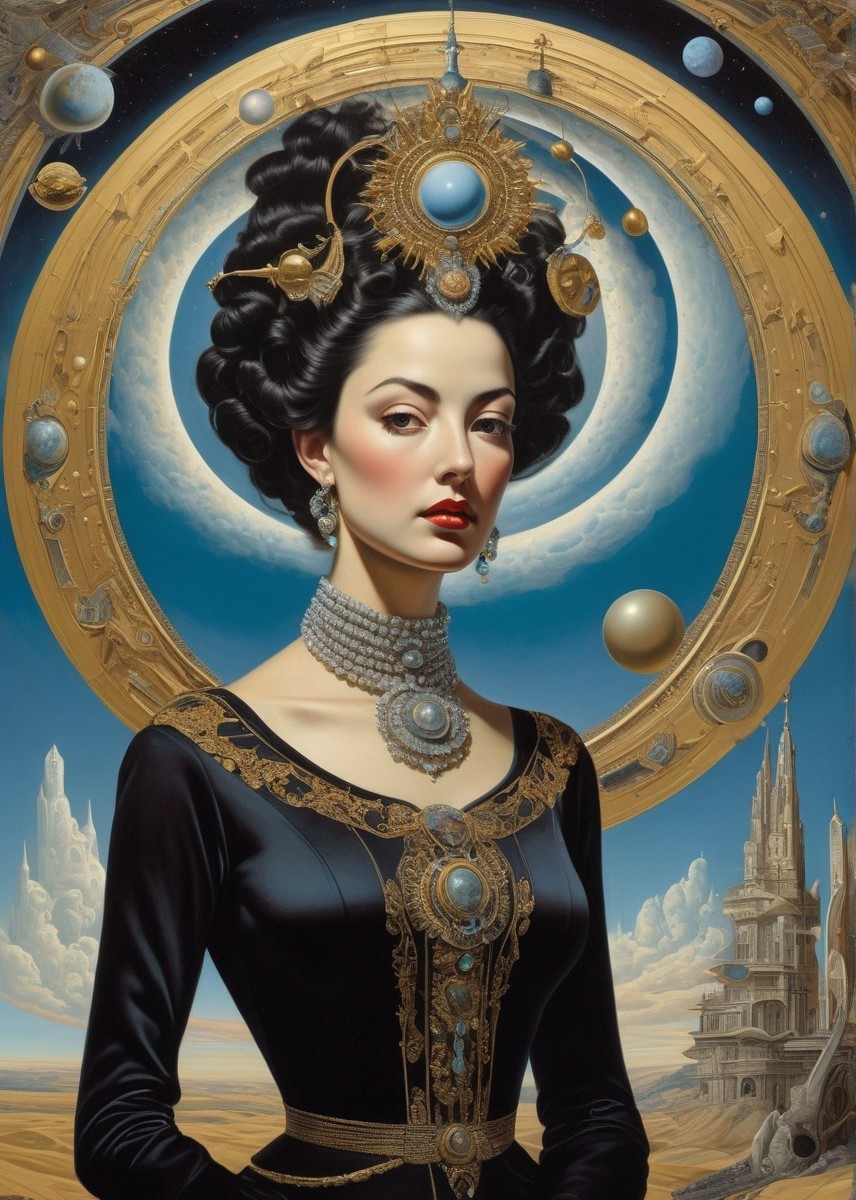 Regal Woman in Black Gown with Cosmic Halo