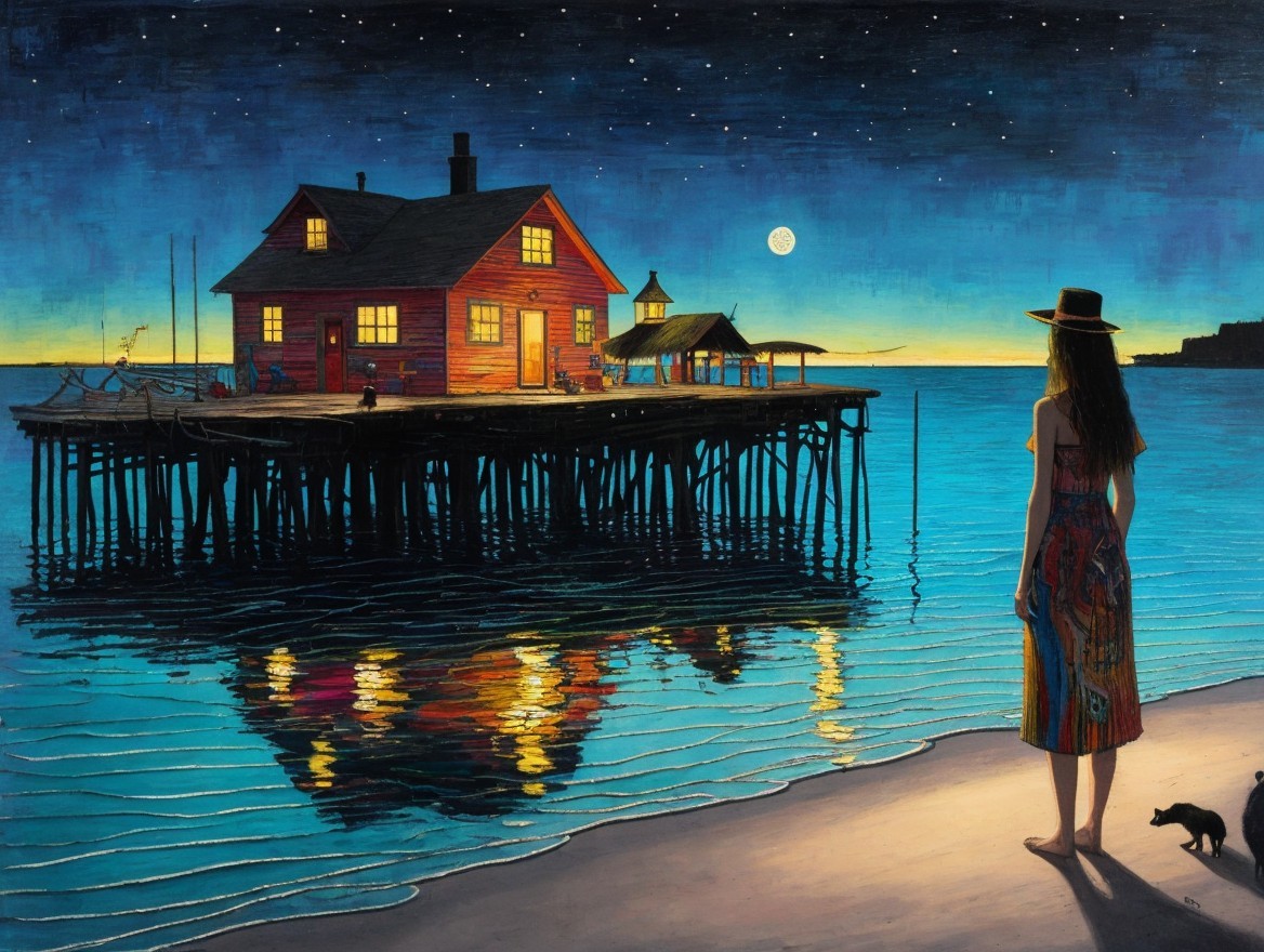 Twilight Scene with Woman, House, and Calm Waters