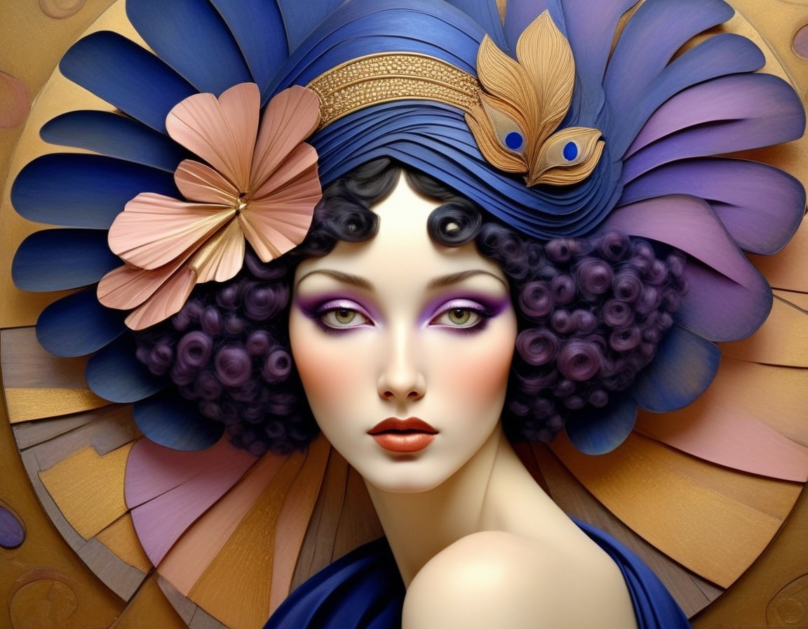 Artistic portrayal of a woman with purple hair and headpiece
