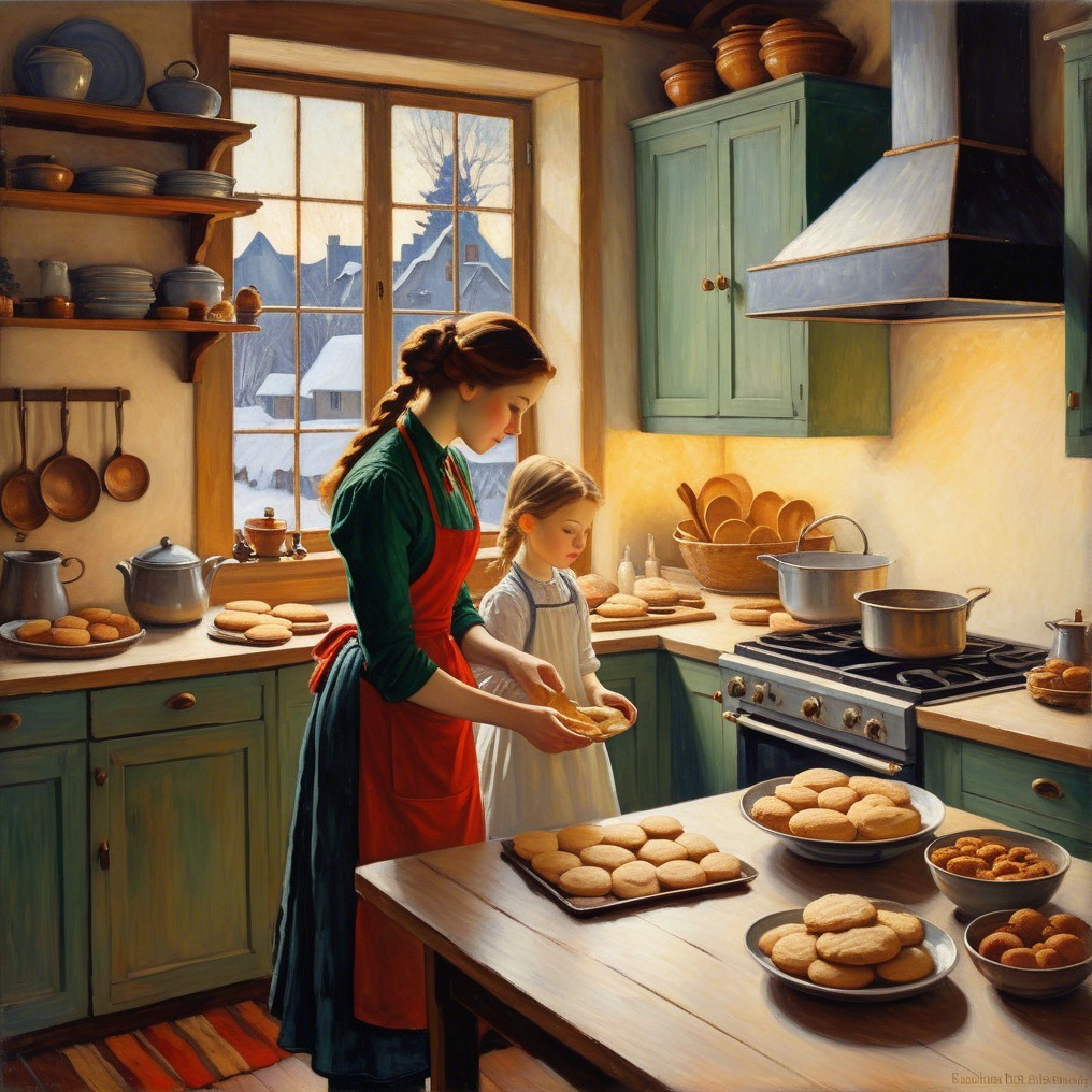 Cozy Kitchen Scene with Cookie Baking and Snowy View