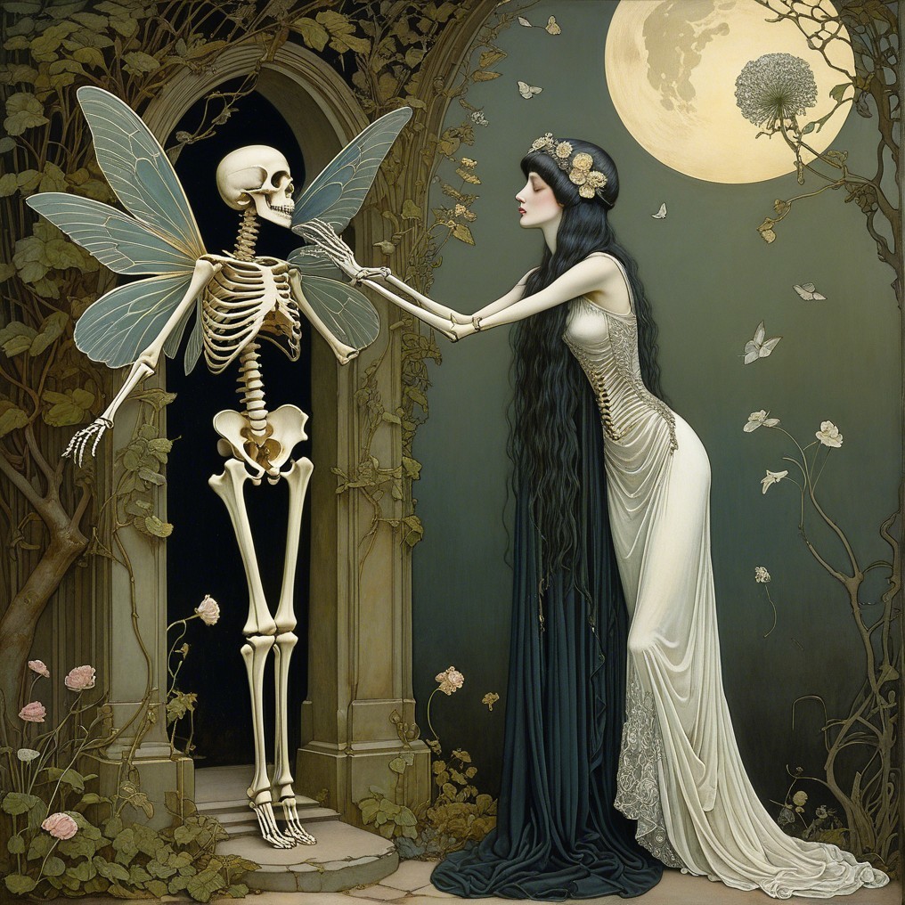 Skeletal Figure and Woman in Moonlit Encounter