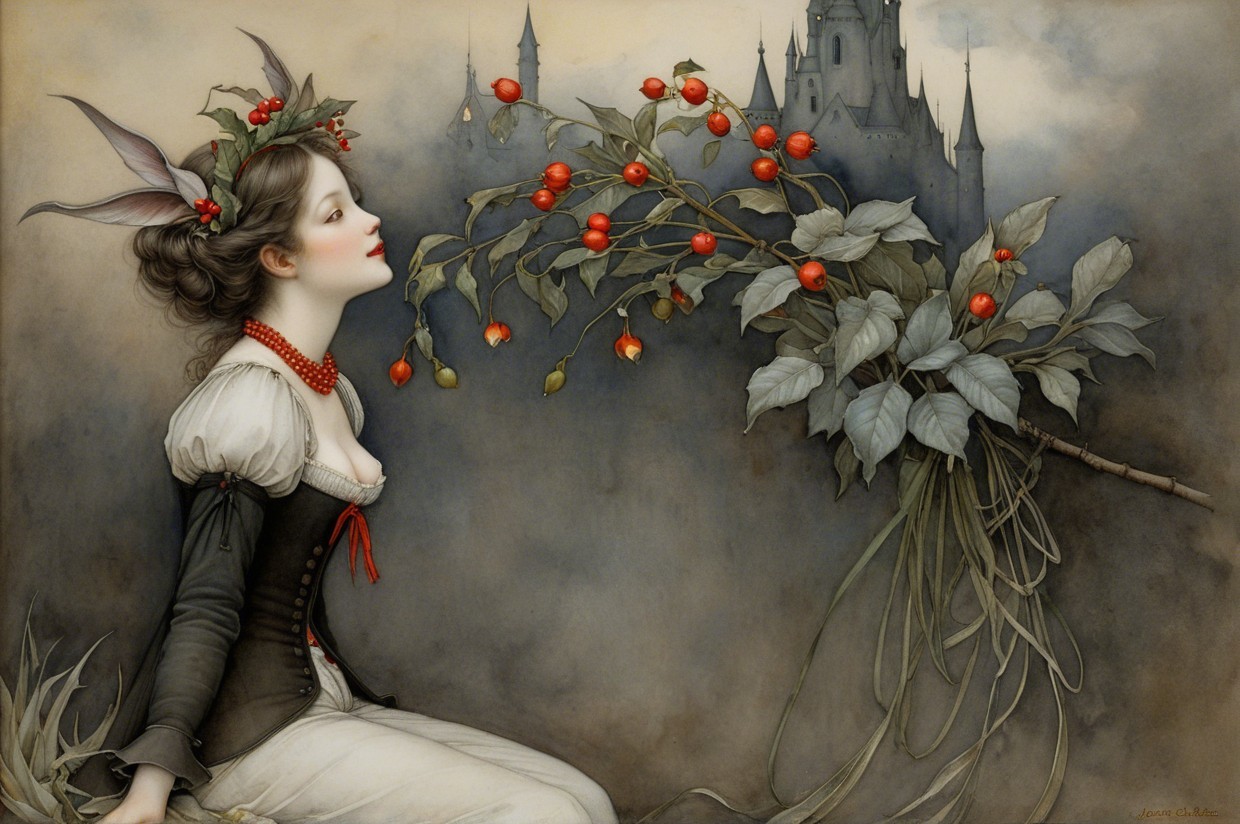 Whimsical Young Woman with Rabbit Ears in Vintage Dress