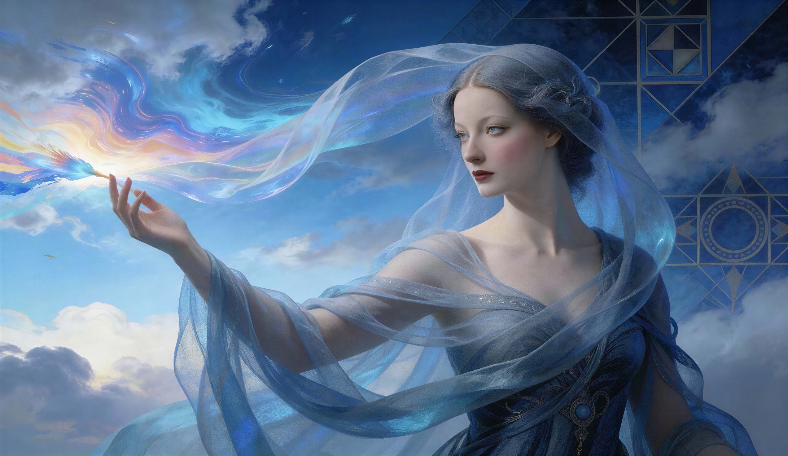 Woman with Blue Hair in Dreamy Cloudy Sky