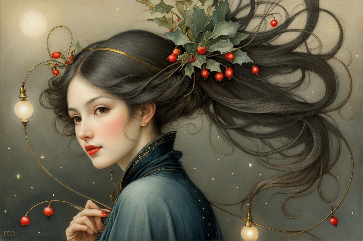 Portrait of a Woman with Holly and Ethereal Stars