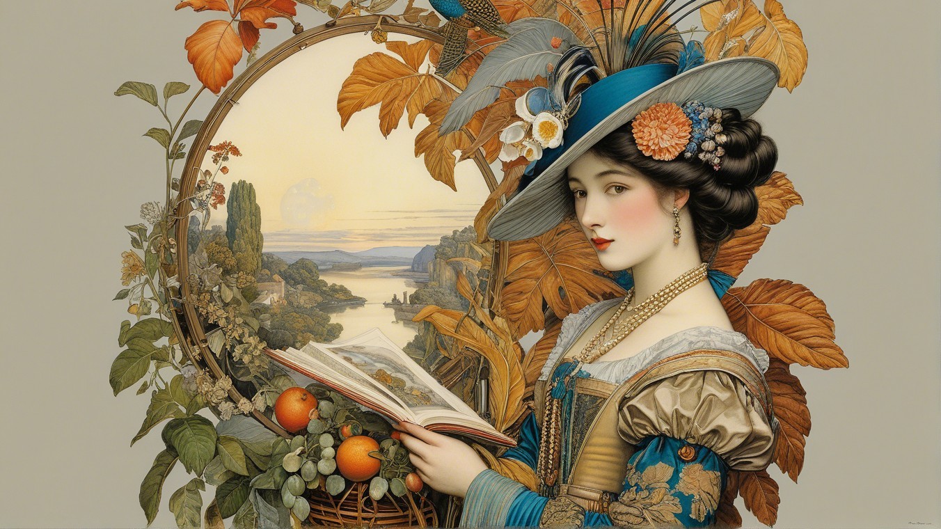 Elegant Woman in Vintage Dress Surrounded by Autumn Leaves