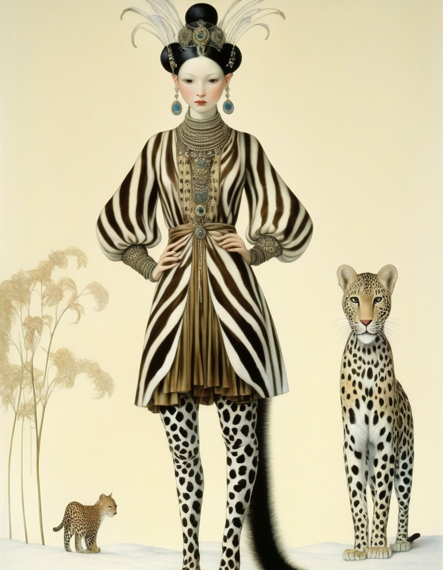 Stylized illustration of woman with leopards on pale background