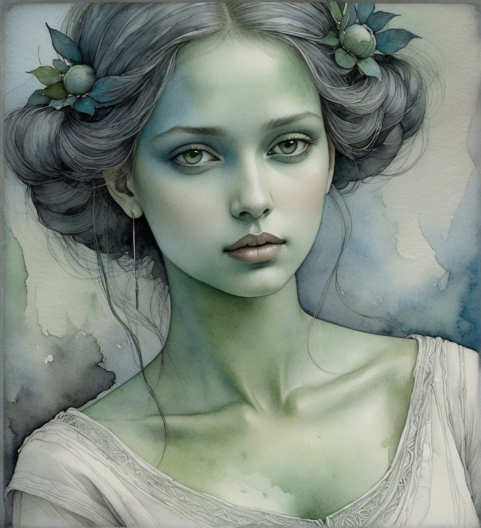 Ethereal Portrait of a Young Woman with Green Skin