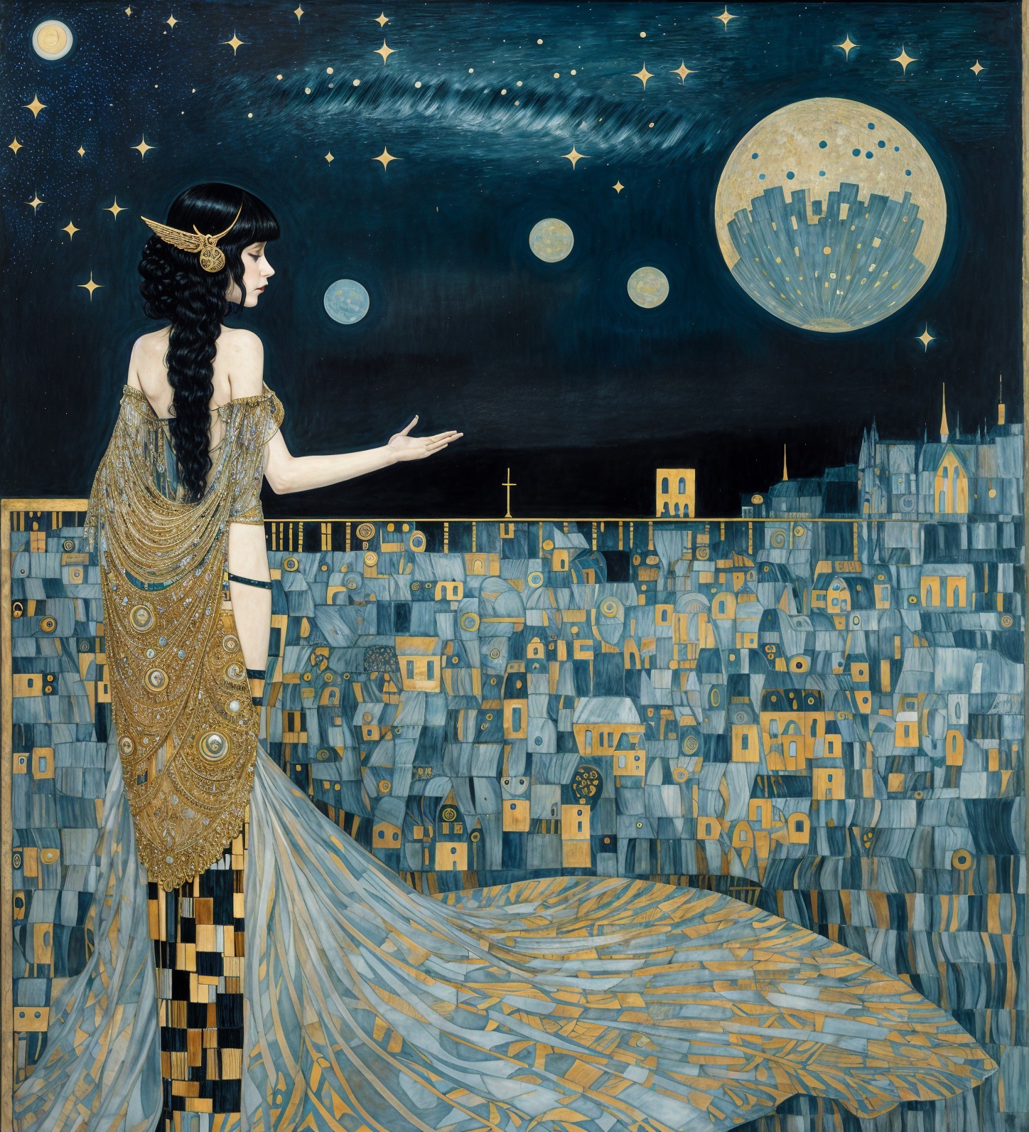 Graceful figure on balcony in ornate gold gown