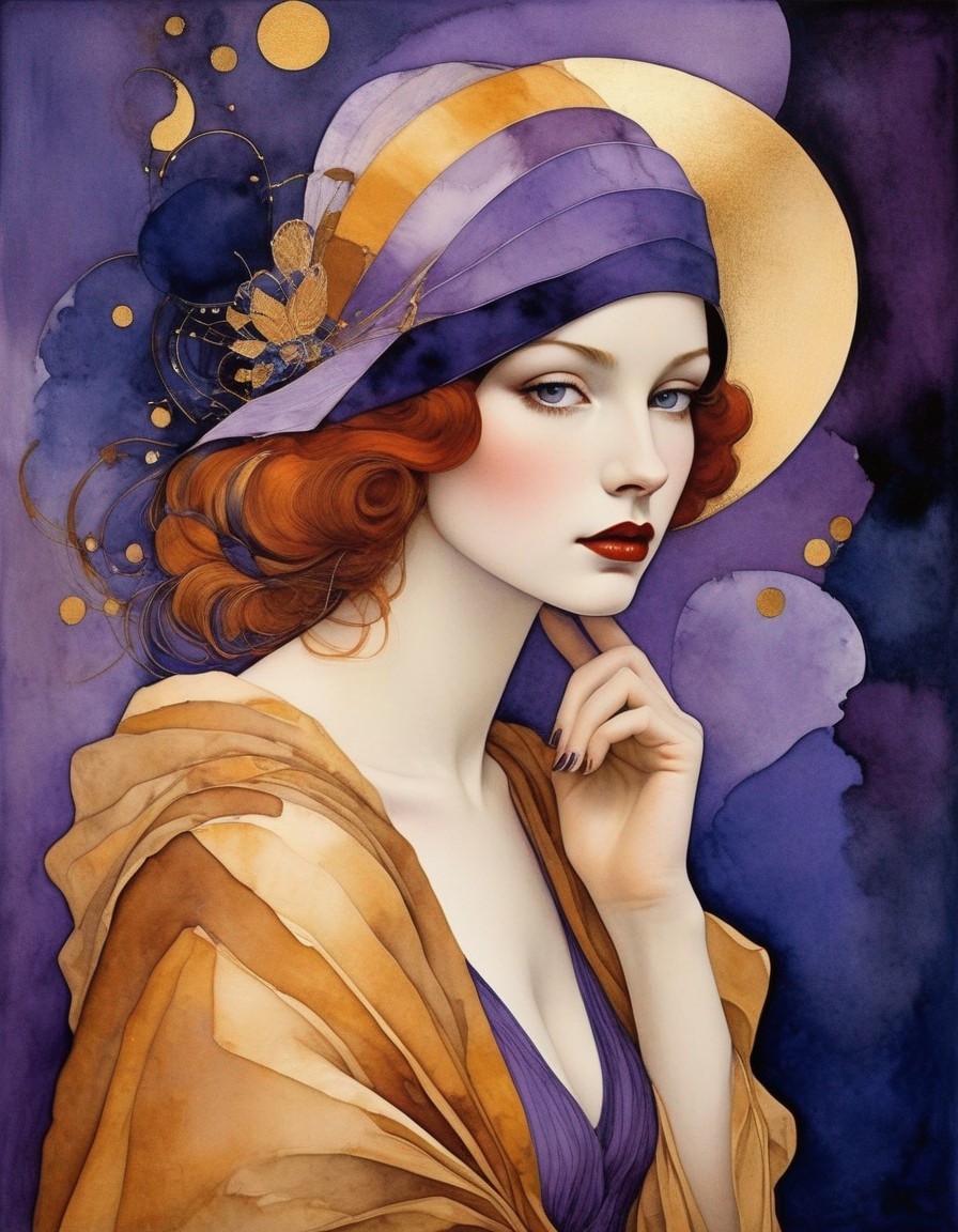 Woman with Red Hair in Purple and Gold Outfit