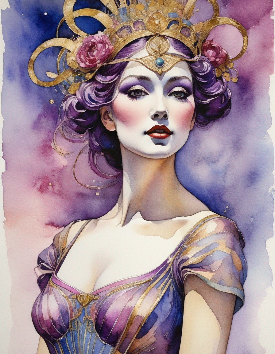 Woman with Purple Hair and Gold Headpiece in Watercolor Illustration