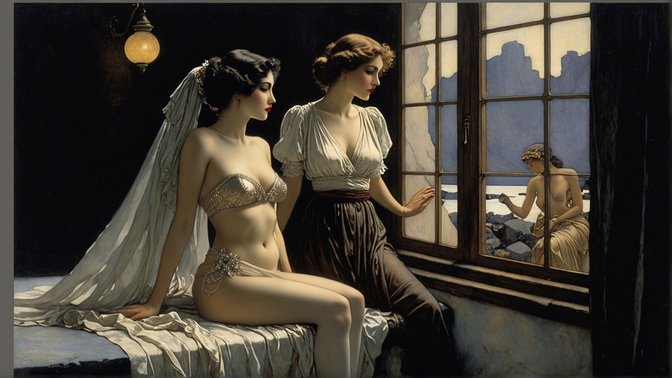 Women in Sheer Bridal and Flowing Outfit by Window