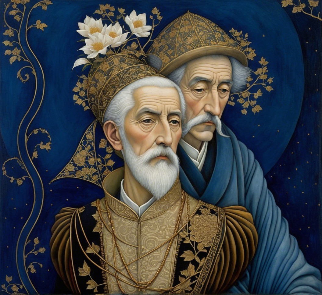Traditional Figures in Intricate Attire Against Blue Backdrop