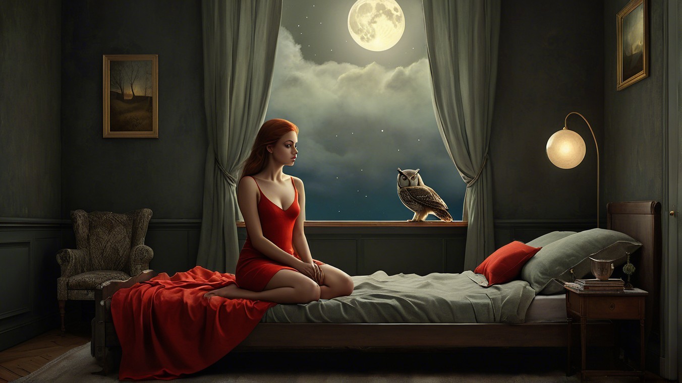 Woman in Red Dress Contemplating by Moonlit Window