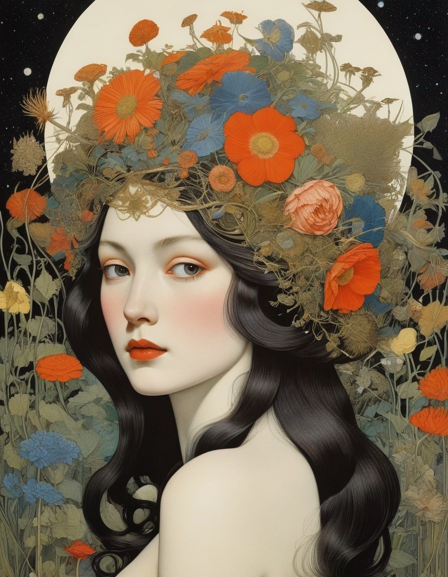 Serene Woman with Floral Crown in Starry Background