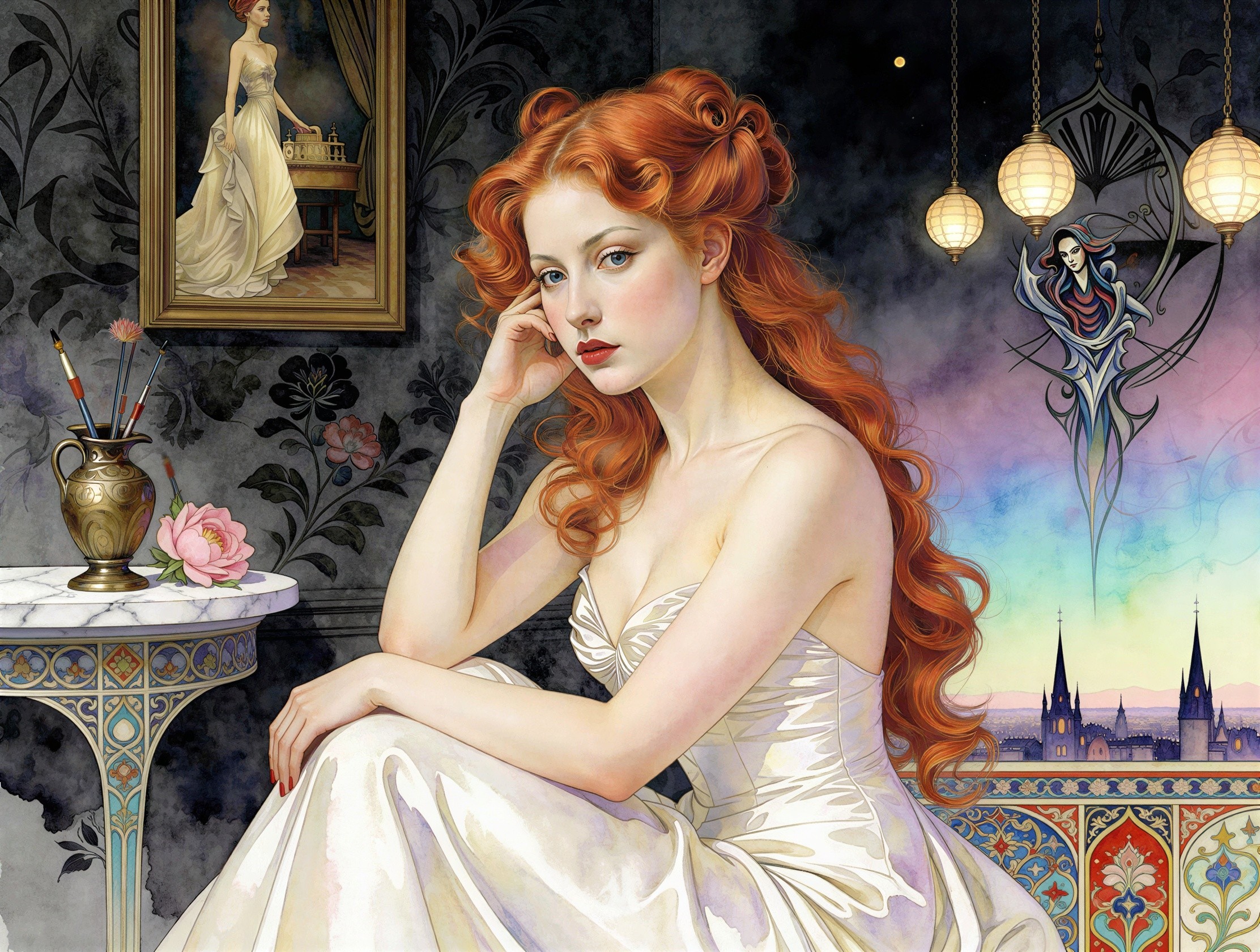 Watercolor Painting of a Woman in a White Dress