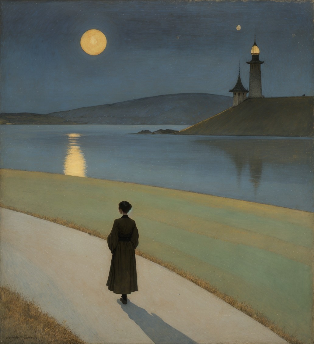 Twilight Shore with Moonlit Lake and Towering Hills