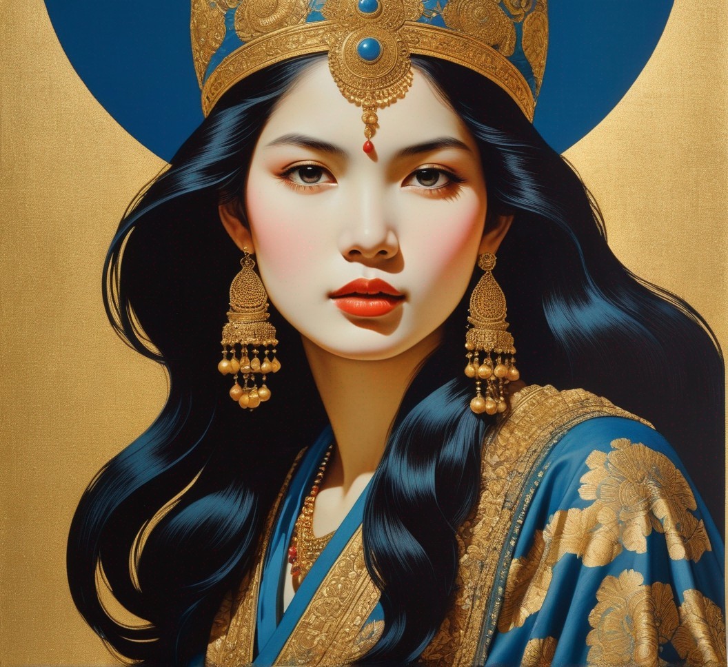 Portrait of a woman in traditional blue and gold attire