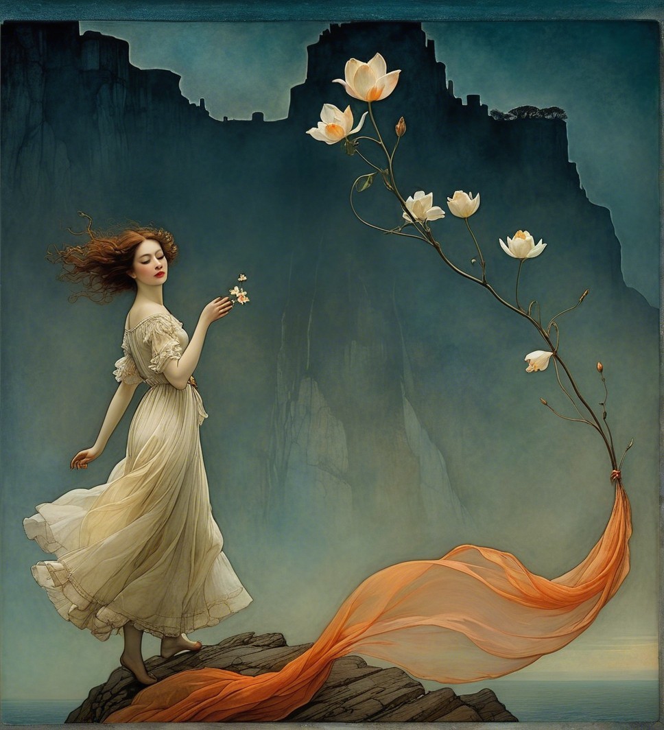 Whimsical Scene of Woman with Flowers and Ribbons