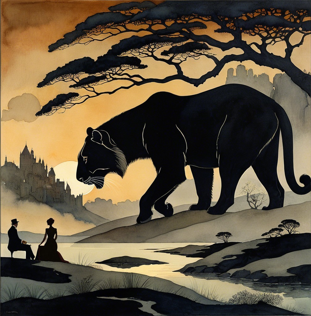 Silhouette Art of Tiger Over Serene Landscape Scene