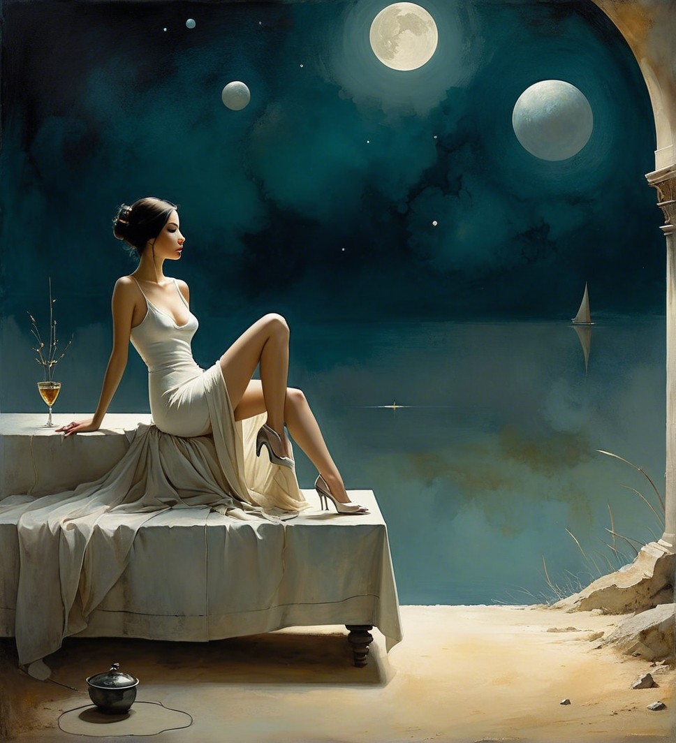 Woman in White Dress by Tranquil Sea at Night