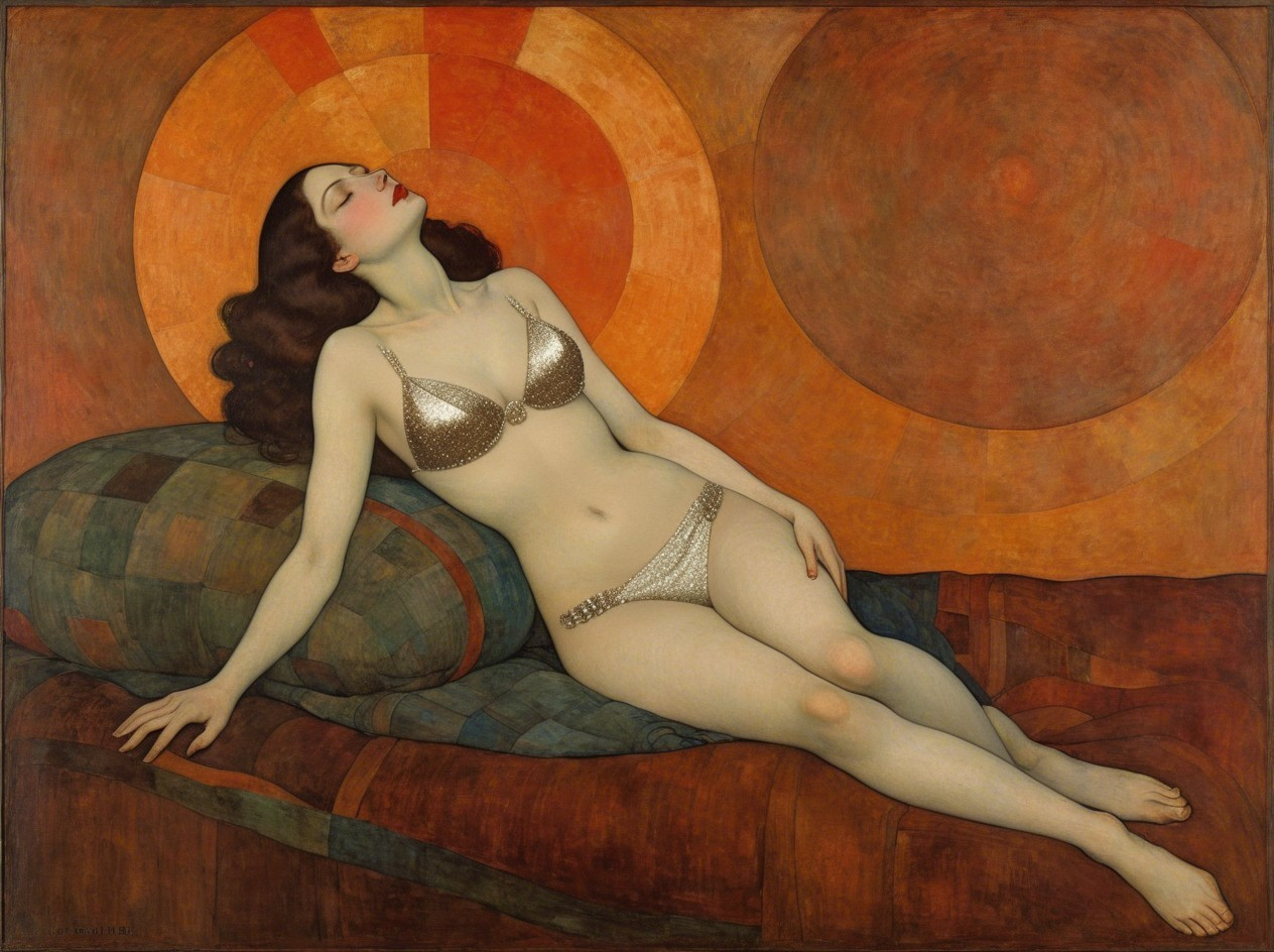 Art Deco Painting of Woman Reclining in Silver Bikini