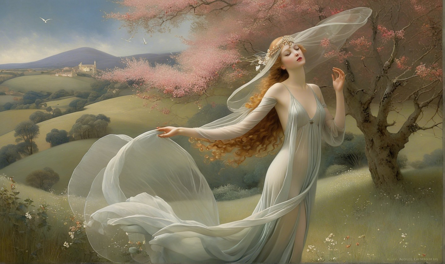 Impressionistic Painting of Young Woman in Meadow