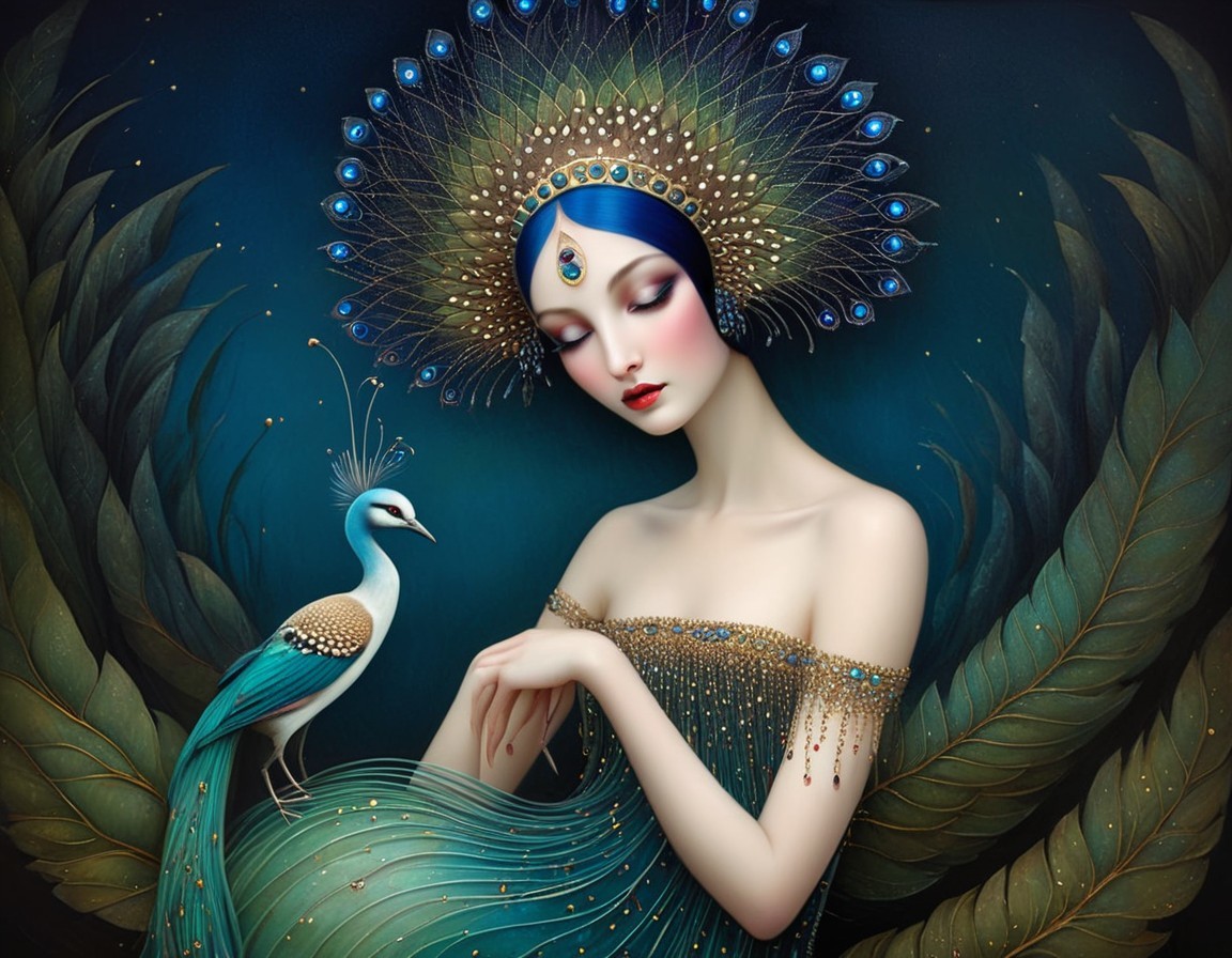 Illustration of a Woman in Peacock-Themed Attire