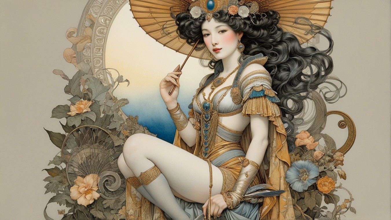Adorned Woman with Ornate Parasol in Serene Setting