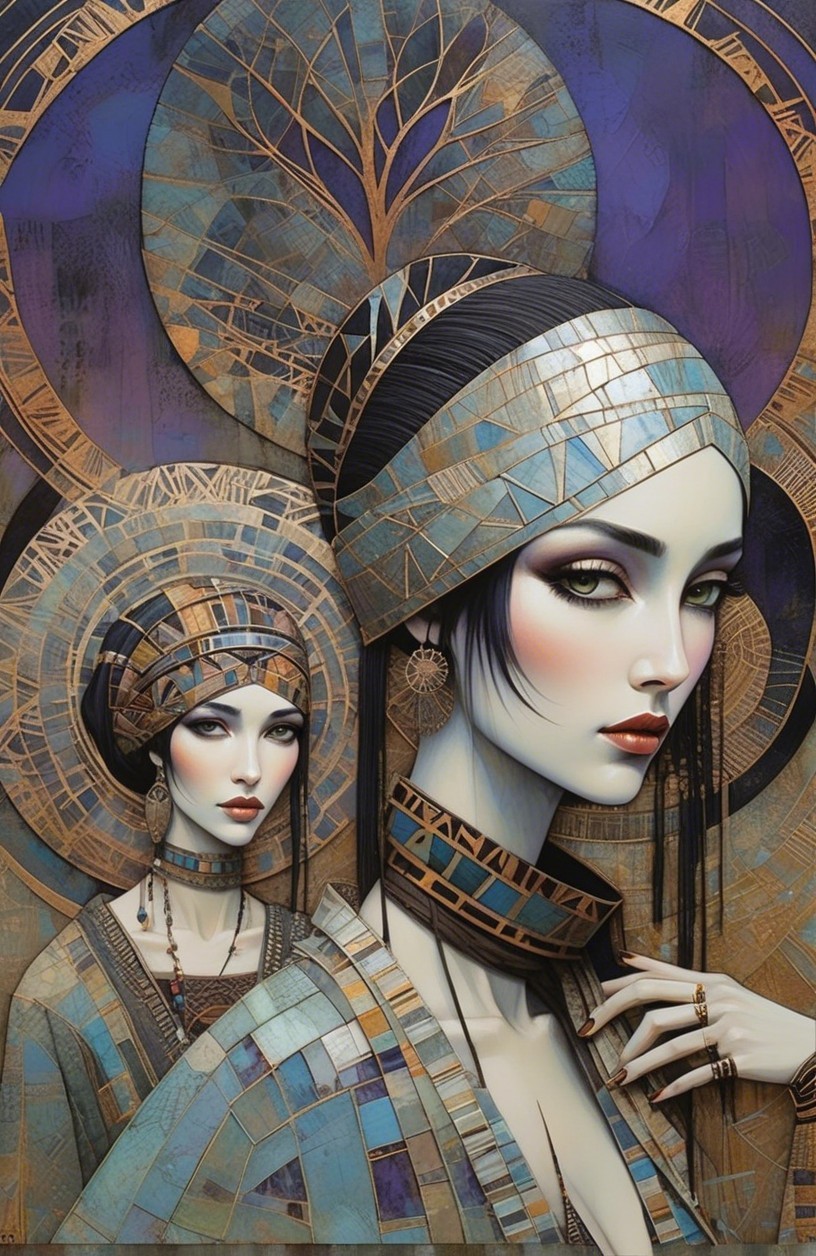 Elegant Women in Intricate Garments and Headpieces