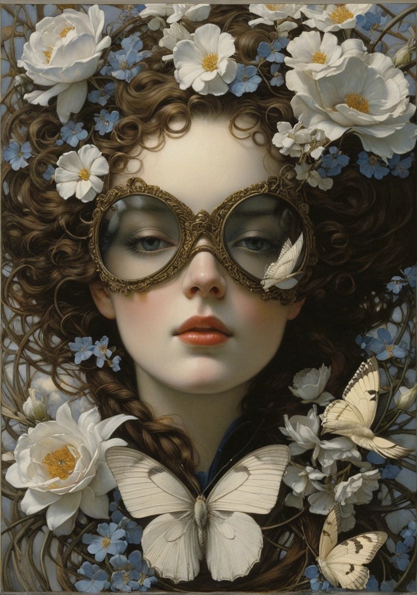 Serene portrait of a woman with goggles and flowers