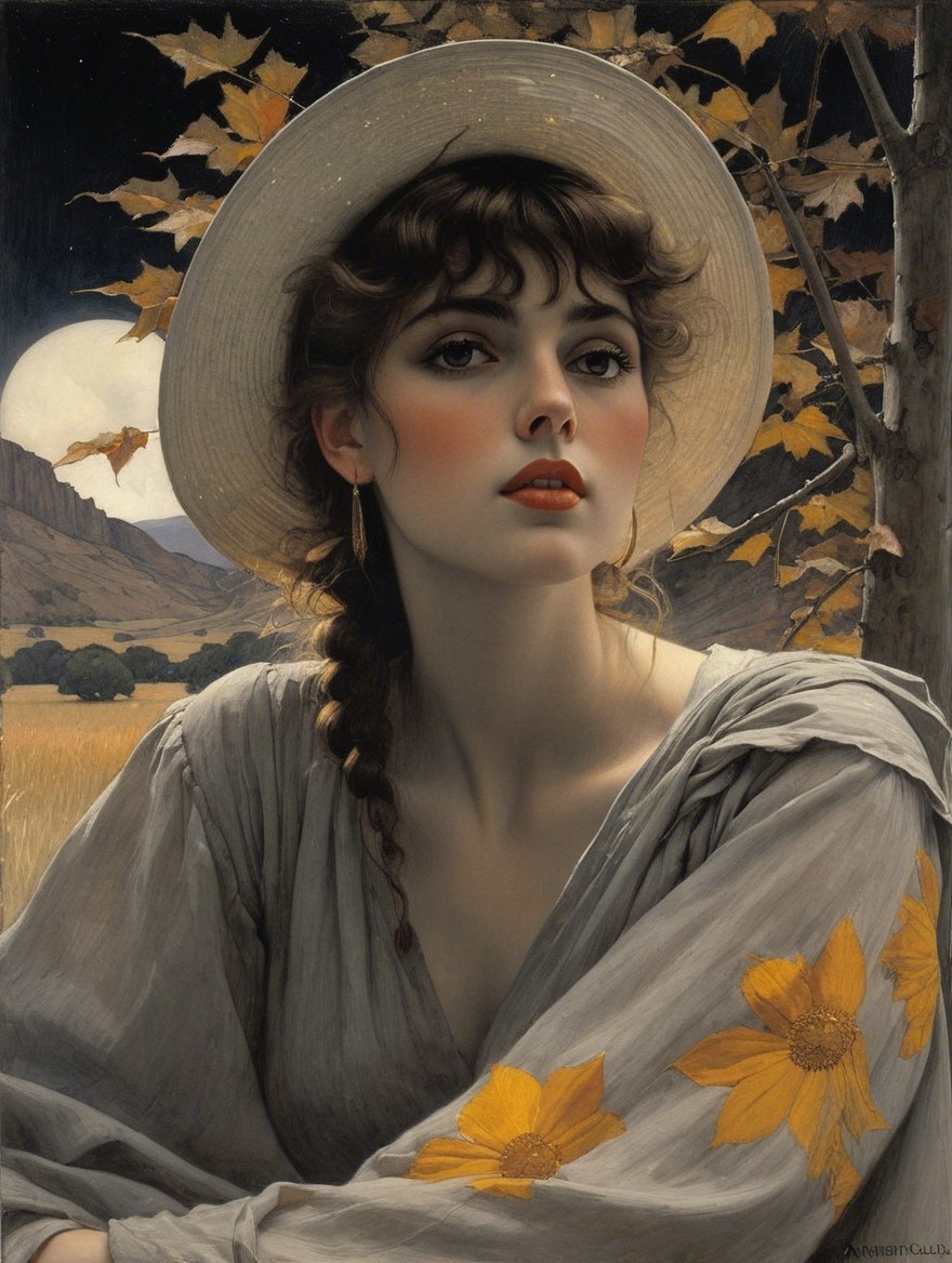Young woman in straw hat with floral details in landscape