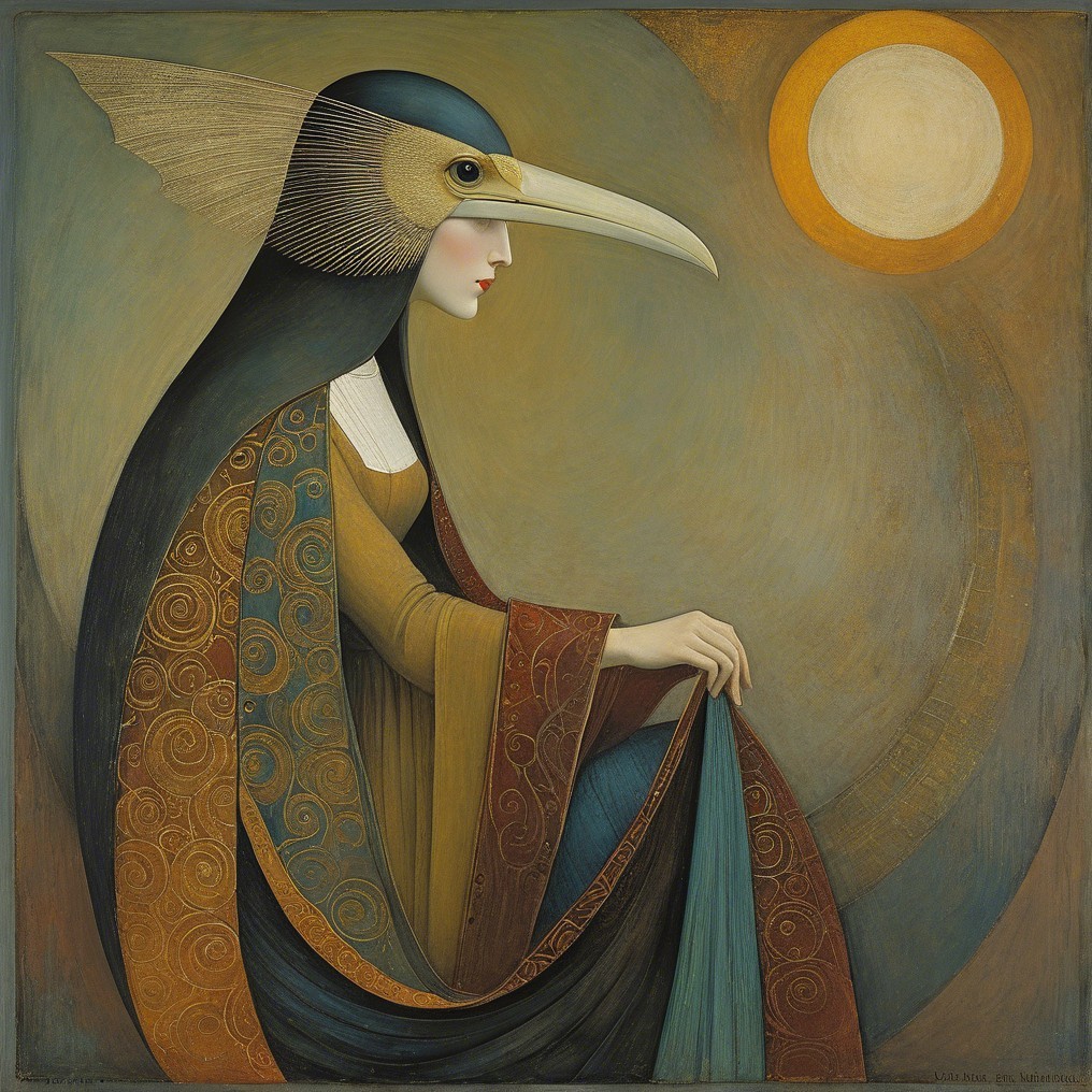 Woman with Birdlike Head in Mystical Artwork