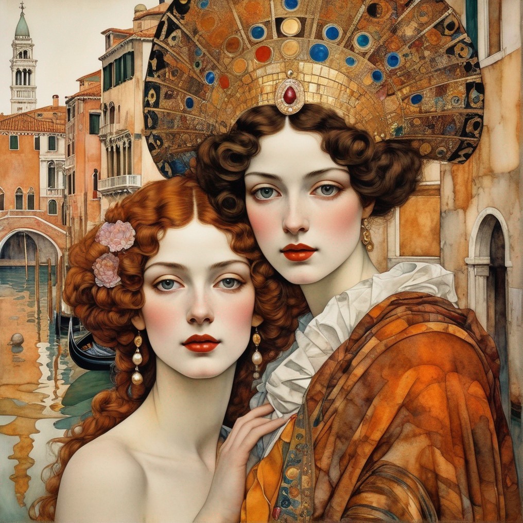 Intricately detailed women with pre-Raphaelite style hair by Venetian canal