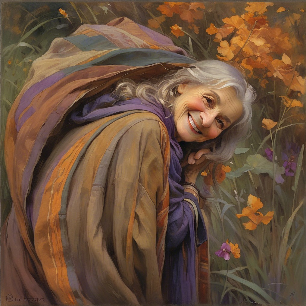 Elderly Woman Smiling in Vibrant Flower Garden