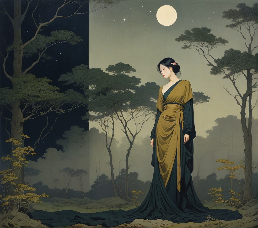 Ethereal Woman in Gown in Misty Forest Scene