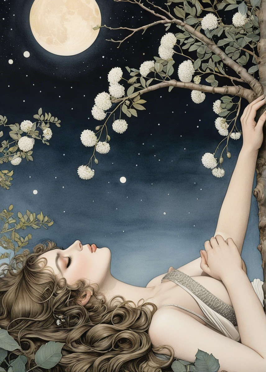 Serene Woman Under Moonlit Blossoming Tree