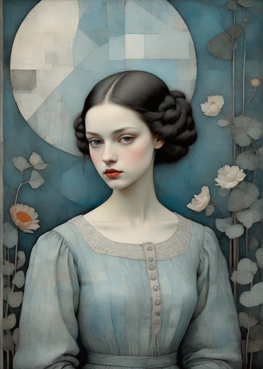Portrait of young woman with braided hair, pale skin, rosy cheeks, geometric moon, and