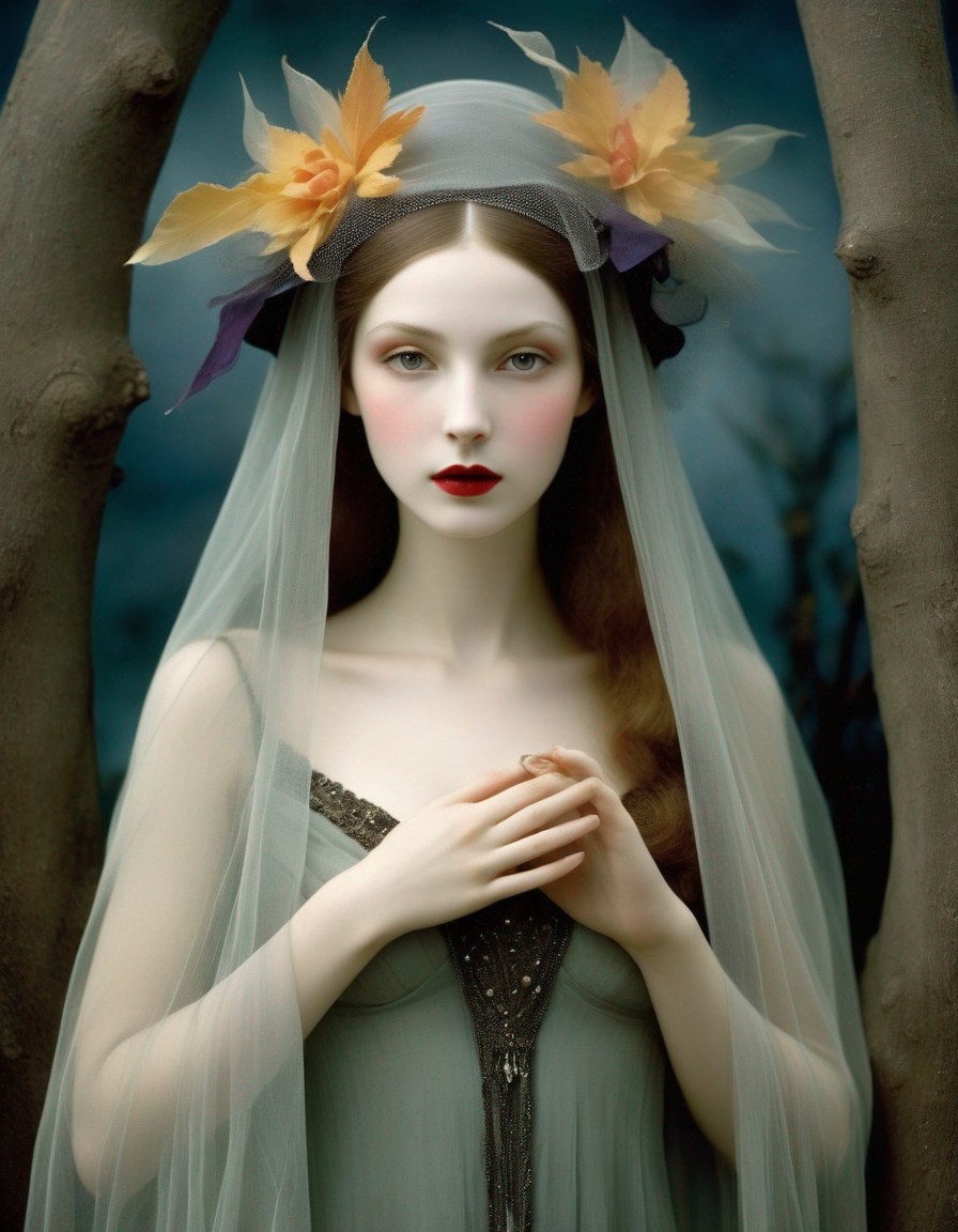 Woman in Sheer Veil Surrounded by Autumn Trees