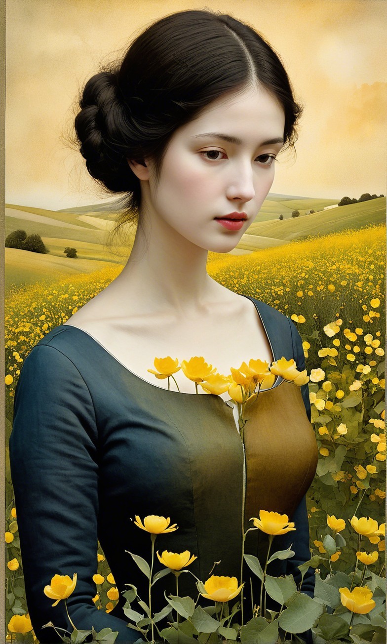 Serene Young Woman in Vibrant Yellow Flower Field