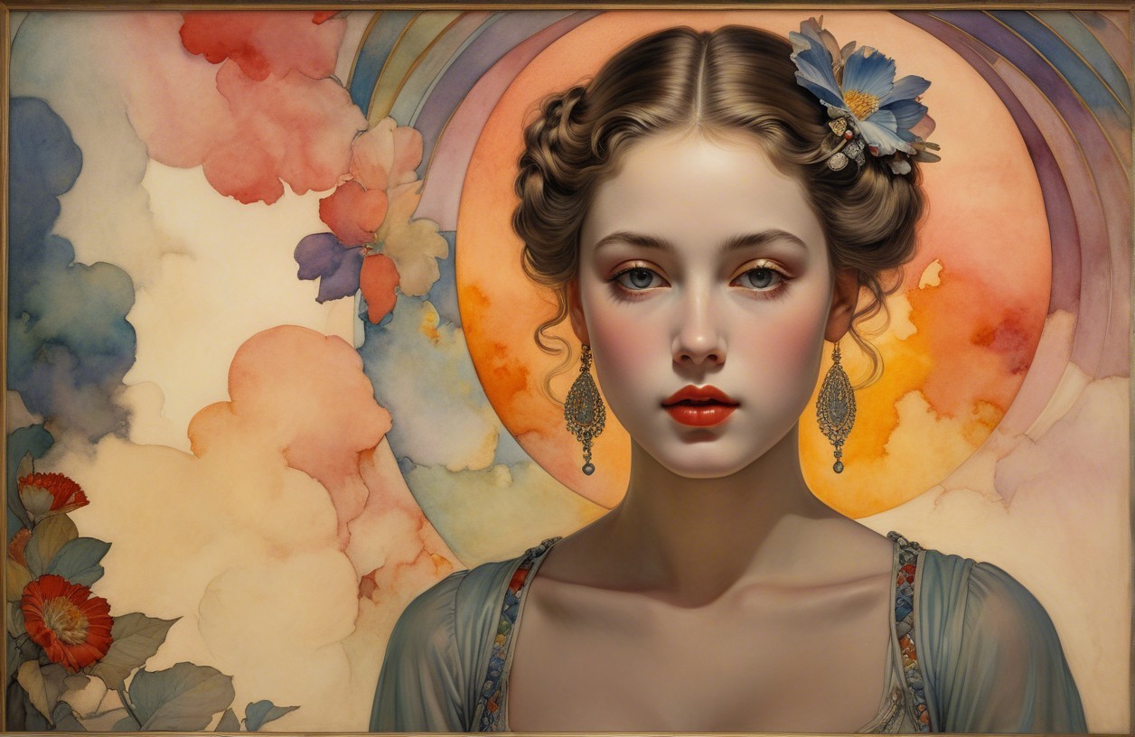 Serene Young Woman with Blue Flower and Pastel Background