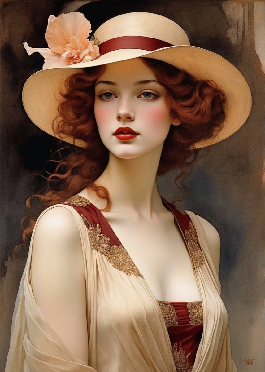 Portrait of woman with auburn hair in wide-brimmed hat and cream dress