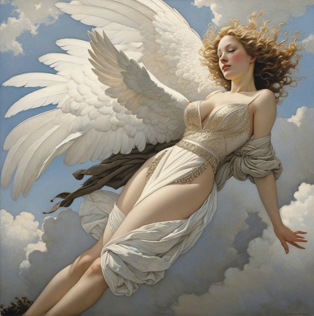 Celestial Figure Descending Through Cloudy Sky