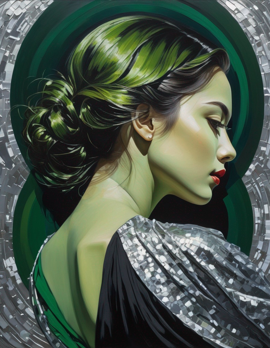 Profile of woman with green hair & red lips on abstract background