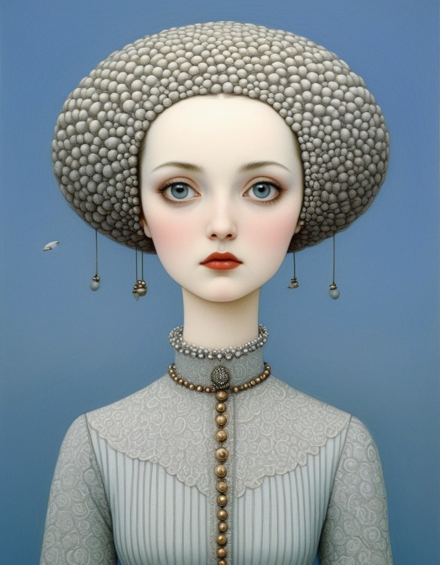 Illustration of a woman with pearl headdress and jewelry