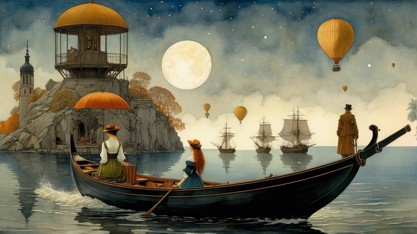 Tranquil Waterway Scene with Vintage Boat and Balloons