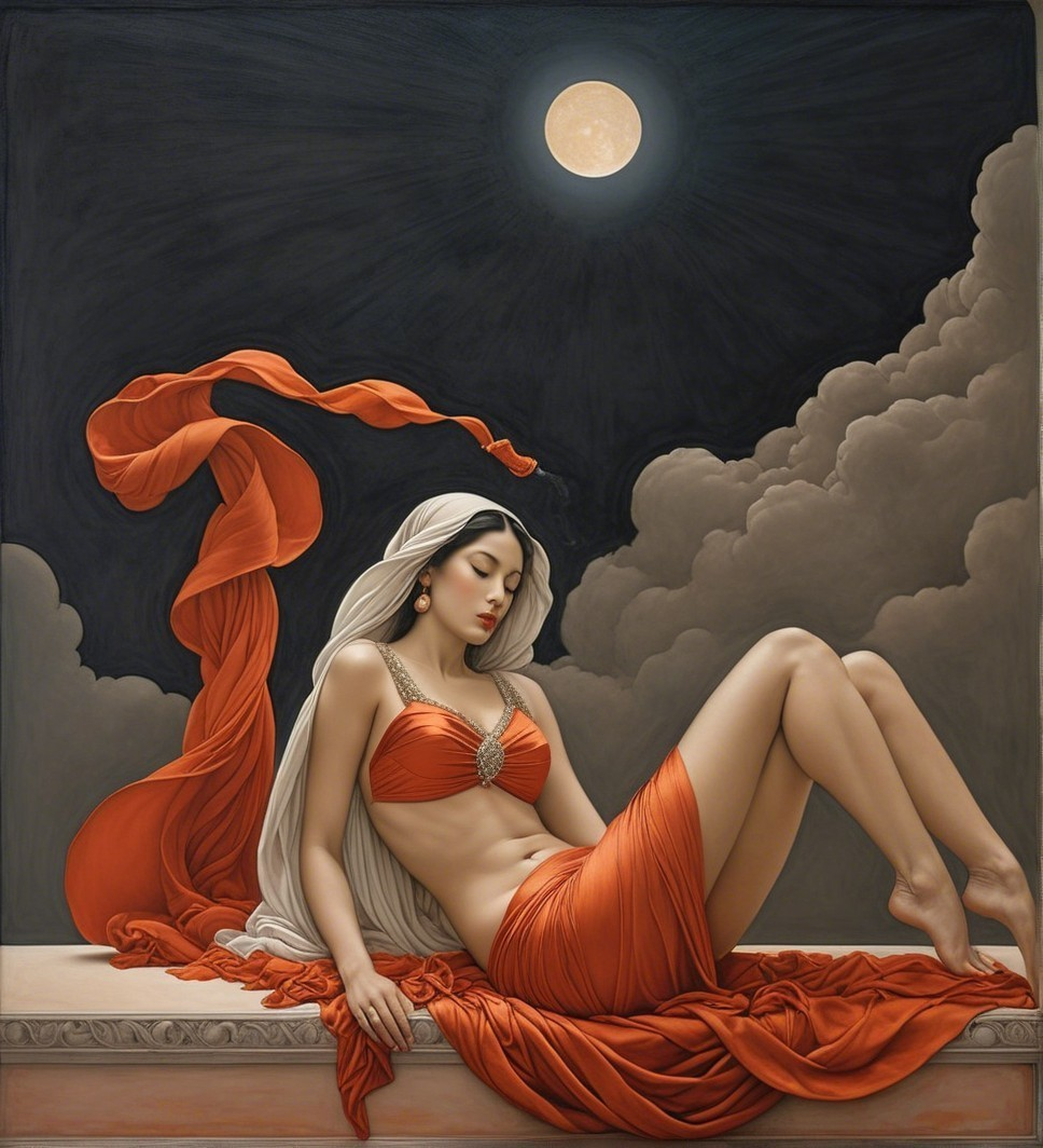 Serene figure in flowing orange under a full moon