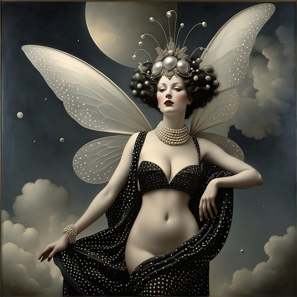 Elegant figure with butterfly wings in polka dot dress