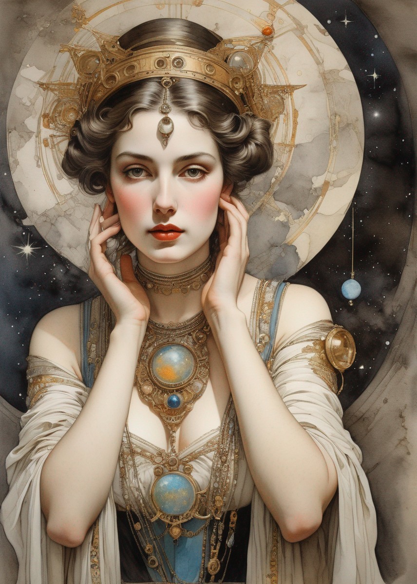 Regal woman adorned with celestial jewelry on starry backdrop
